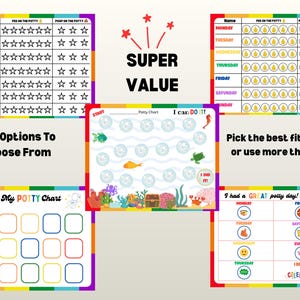 May include: A selection of potty training charts in various designs and colours. The charts are designed to track potty use and rewards, with text such as "Super Value" and "I did it! Celebrate!"