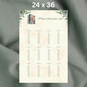 Può includere: Un tableau de mariage con un design ad acquerello. Il grafico presenta uno sfondo color crema con effetto marmorizzato e accenti floreali. Il testo "Please find your seat" è in alto, con numeri di tavolo e spazio per i nomi.