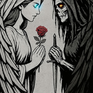 Fallen Angel Art Print – Dark Fantasy Wall Decor, Gothic Angel and Death Sword Illustration with Red Rose