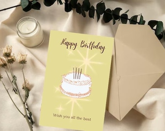 May include: A birthday card with a cake illustration and the words "Happy Birthday" and "Wish you all the best." The card is on a light yellow background, with a matching envelope. A small candle and dried flowers are also present.
