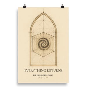 May include: A beige poster with a detailed architectural drawing. The drawing features a central spiral design within a geometric structure, framed by an arched shape. Text at the bottom reads "EVERYTHING RETURNS" and "THE FOUNDATION STONE."