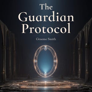 Pode incluir: Capa do livro "The Guardian Protocol" de Graeme Smith. O título está em uma fonte branca grande e elegante acima do nome do autor. Um portal oval brilhante com detalhes dourados intrincados está centralizado, em um fundo escuro e atmosférico.