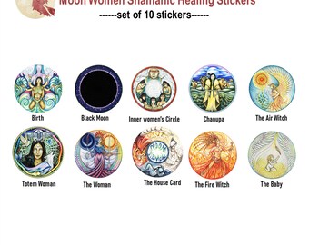 SET OF 10 STICKERS Moon Woman-feminine lunar- Shamanic Healing Stickers -Round colored stickers in the shape of the moon