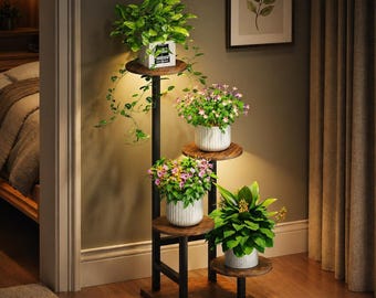 Indoor Plant Stand with Grow Light 4 Tier Metal Shelf Adjustable Light Black Brown