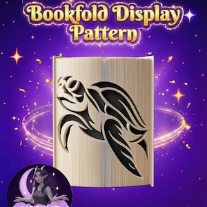 May include: A bookfold display pattern with a turtle design. The image features a carved turtle silhouette on the edge of a book, with the words "Bookfold Display Pattern" in gold lettering. The background is purple with stars and sparkles.