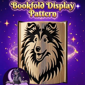May include: A bookfold display pattern featuring a dog design. The book's pages are cut to create a detailed image of a dog's face. The text "Bookfold Display Pattern" is displayed at the top. The background is purple with stars and decorative elements.
