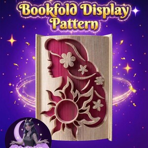 May include: A wooden bookfold display pattern featuring a silhouette of a woman with long hair, flowers, and a sun design. The text "Bookfold Display Pattern" is at the top. The background is purple with stars and a logo for Moonlit Munchkin Creations.