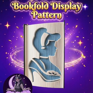 Könnte beinhalten: Ein Buchfalt-Display-Muster mit einer Silhouette eines Frauenprofils und eines High-Heel-Schuhs, der in die Seiten geschnitten ist. Das Design ist hellblau, mit dem Text "Bookfold Display Pattern" oben. Der Hintergrund ist lila mit Sternen.