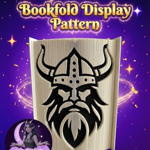 Puede incluir: Un patrón de exhibición de plegado de libros con un diseño de rostro vikingo. La imagen muestra un libro con páginas dobladas para crear un detallado casco y barba vikingos en blanco y negro. El texto "Bookfold Display Pattern" está en la parte superior.