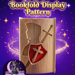 May include: A bookfold display pattern featuring a knight design. The book is carved with a knight's silhouette, a sword, and a red shield with a white cross. The text "Bookfold Display Pattern" is in gold. The background is purple with stars.