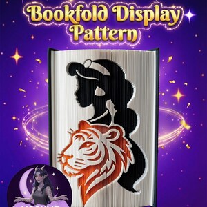 May include: A bookfold display pattern featuring a silhouette of a woman and a tiger's head cut into the pages. The text "Bookfold Display Pattern" is at the top. The background is purple with stars and a crescent moon logo.