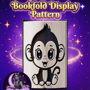 May include: A wooden bookfold display pattern with a cartoon monkey design. The monkey is black and white with large eyes and a smiling expression. The text "Bookfold Display Pattern" is in gold lettering. The background is purple with stars and sparkles.