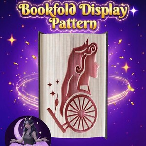 May include: A bookfold display pattern with a red silhouette of a woman in a chariot. The text "Bookfold Display Pattern" is in gold. The background is purple with stars and confetti.