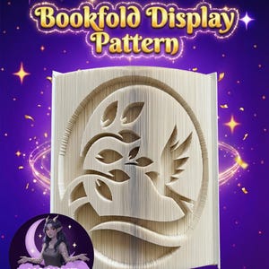 Könnte beinhalten: Ein Buchfaltmuster mit einem Design aus Taube und Blättern. Das Buch ist so geschnitten, dass ein 3D-Effekt entsteht, mit dem Text "Bookfold Display Pattern" oben. Der Hintergrund ist lila mit Sternen und Glitzer.