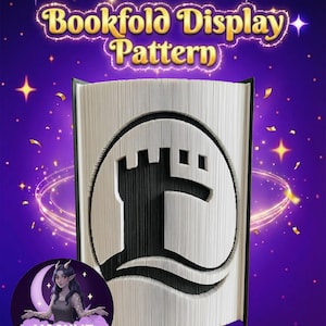 May include: A bookfold display pattern with a castle design cut into the pages. The text "Bookfold Display Pattern" is displayed in gold lettering. The background is purple with stars and a crescent moon with a woman.