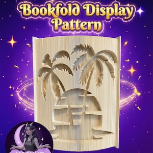 Könnte beinhalten: Ein Buchfalt-Display-Muster mit einem geschnitzten Design von Palmen und einer Strandszene. Der Text "Bookfold Display Pattern" wird über dem Buch angezeigt. Der Hintergrund ist ein Farbverlauf aus Lila und Blau mit Sternen.