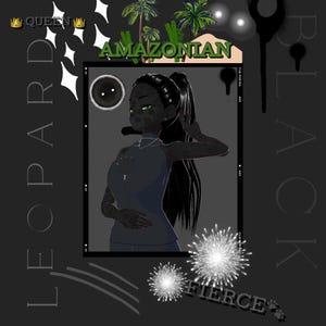 May include: Digital artwork featuring a stylized Black woman with leopard-like markings. The image includes the text "LEOPARD" and "BLACK" vertically, and "AMAZONIAN" and "FIERCE" horizontally. The artwork has a dark, dramatic aesthetic with star and palm tree accents.