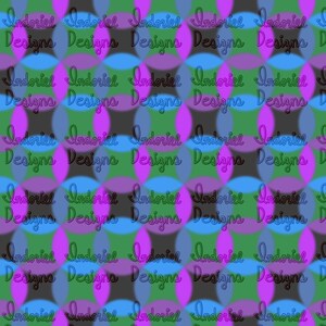 Puede incluir: Patrón repetitivo con círculos superpuestos en tonos verdes, azules, morados y grises. Las palabras "Indoriel Designs" están escritas en cursiva sobre los círculos, creando un diseño texturizado y colorido.