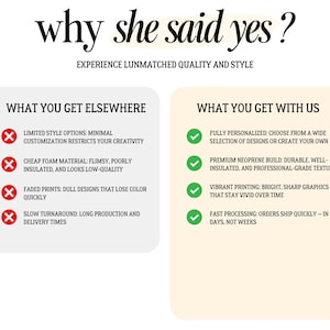 K&ouml;nnte beinhalten: Eine Werbegrafik mit dem Text "why she said yes?" und "Experience Unmatched Quality and Style." Sie vergleicht die Vorteile des Produkts, wie Personalisierung und lebendiger Druck, mit den Nachteilen der Konkurrenz.
