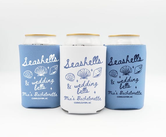 Seashells and Wedding Bells Cozie, Coastal Bachelorette Party Favor, Beach Bach Cozie, Custom Bachelorette Can Cooler, Seashell Bachelorette