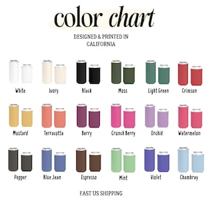 K&ouml;nnte beinhalten: Eine Farbkarte mit verschiedenen Getr&auml;nkek&uuml;hlern in Farben wie Wei&szlig;, Schwarz und Karmesinrot. Der Text "color chart" steht oben, darunter "Designed & Printed in California". Die Karte enth&auml;lt den Text "Fast US Shipping".