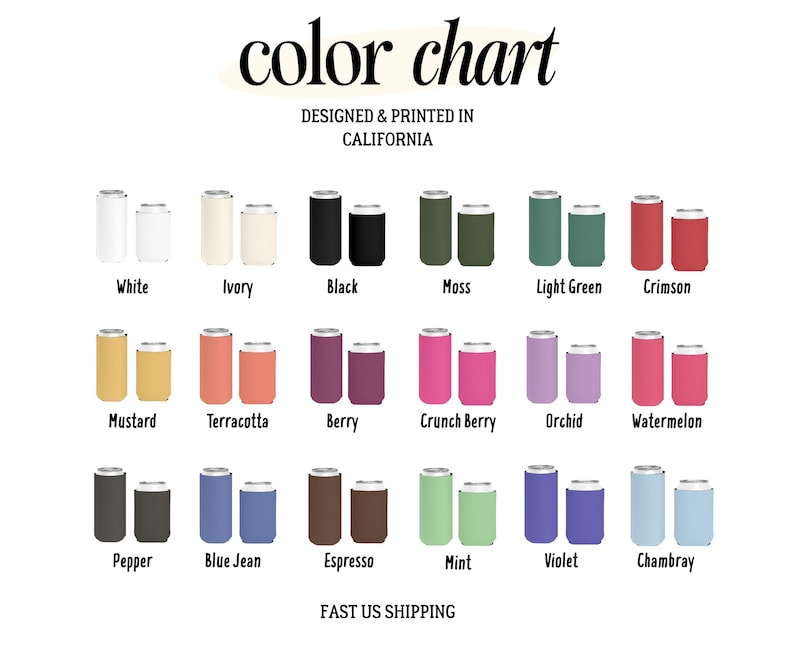 K&ouml;nnte beinhalten: Eine Farbkarte mit verschiedenen Getr&auml;nkek&uuml;hlern in Farben wie Wei&szlig;, Schwarz und Karmesinrot. Der Text "color chart" steht oben, darunter "Designed & Printed in California". Die Karte enth&auml;lt den Text "Fast US Shipping".