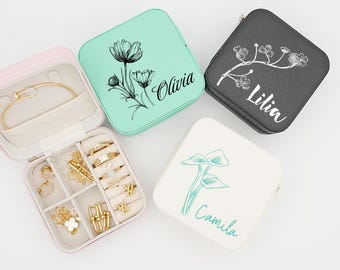 Reise Schmuckschatulle, Geburtsmonat Blumengeschenk, personalisiertes Geburtstagsgeschenk, Brautjungfer Geschenke Box, Lederschmuck Reiseetui, benutzerdefinierte Schmuckschatulle