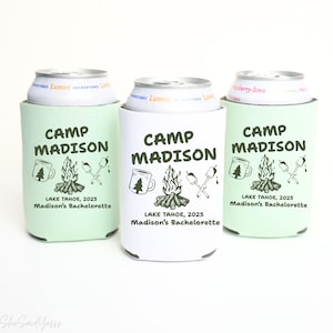 Camp Bachelorette Can Coolers, Personalized Lake Club Bachelorette Drink Can Sleeves, Camping Bachelorette Party Favors, Girls Weekend Trip
