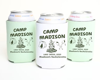 Camp Bachelorette Can Coolers, Personalized Lake Club Bachelorette Drink Can Sleeves, Camping Bachelorette Party Favors, Girls Weekend Trip