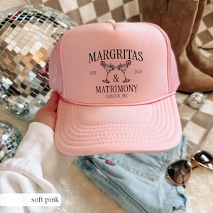 Marg and Matrimony Social Club Trucker Hats , beach Birthday Hat, Beach Bachelorette or Birthday party favors, Cancun Mexico, Palm Springs