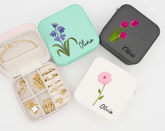 Personalized Jewelry Case,Travel Jewelry Box, Bridesmaids Gift，Custom Name Birth Flower Jewelry Box
