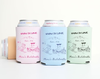 Snow in Love Bachelorette Can Cooler, Personalized Mountain Ski Bachelorette Can Sleeves, Winter Bachelorette Party Favors