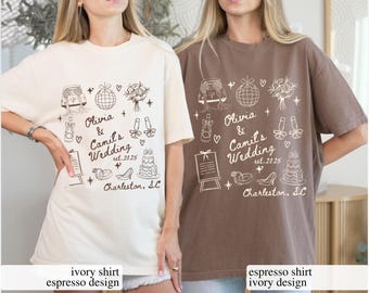 May include: Two t-shirts, one ivory and one espresso, feature a wedding-themed design. The design includes illustrations of a disco ball, champagne flutes, and a cake, with the text "Olivia & Camil's Wedding est. 2025 Charleston, SC."