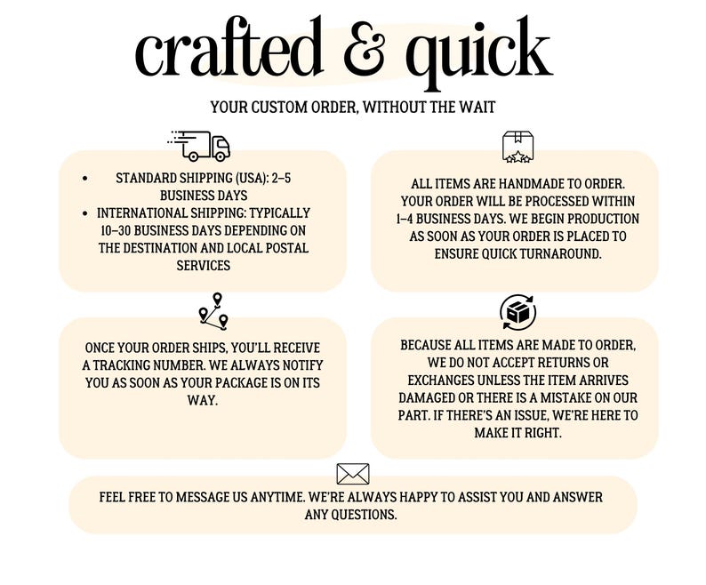 K&ouml;nnte beinhalten: Cremefarbene Grafik mit den Worten "crafted & quick" in einer stilvollen Schriftart. Der Text beschreibt den individuellen Bestellprozess, einschlie&szlig;lich Versandzeiten, handgefertigter Produktion, Tracking und Kundenservice.