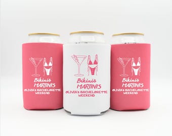 Bikini's en martini's blikje koeler, martini's verjaardag blikjes mouwen, aangepaste cocktail vrijgezellenfeest gunsten, blikjeshouder, verjaardagsbedankjes