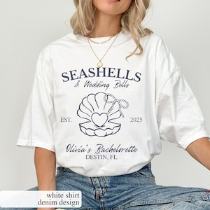 Maglietta da addio al nubilato con conchiglie e campane nuziali, maglietta da sposa costiera, maglietta da spiaggia oversize con grafica &quot;Bacio&quot;, maglietta personalizzata per addio al nubilato da sposa costiera