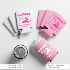 May include: White and pink can coolers with the text "Bach Island" and "Amelia's Bachelorette, Miami FL". The design includes palm trees and other tropical elements. The image also shows a can with a pink cooler.