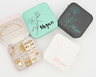 Boîte à bijoux de voyage personnalisée, petit organisateur de boucles d'oreilles carré, boîte-cadeau de demoiselle d'honneur pour soeur, amie