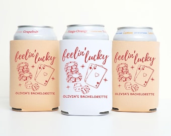 Vegas Bachelorette Can Coolers, Personalized Feeling Lucky Can Sleeves, Custom Bachelorette Party Favors, Bach Can Holder