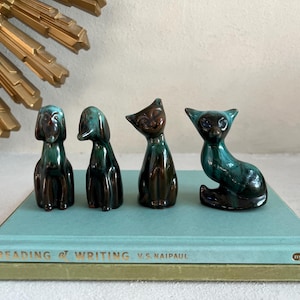 Vintage Blue Mountain Pottery (BMP) Miniature Animal Figurines – Dogs, Cat, Fox – Canadian Mid-Century Blue-Green & Black Drip Glaze