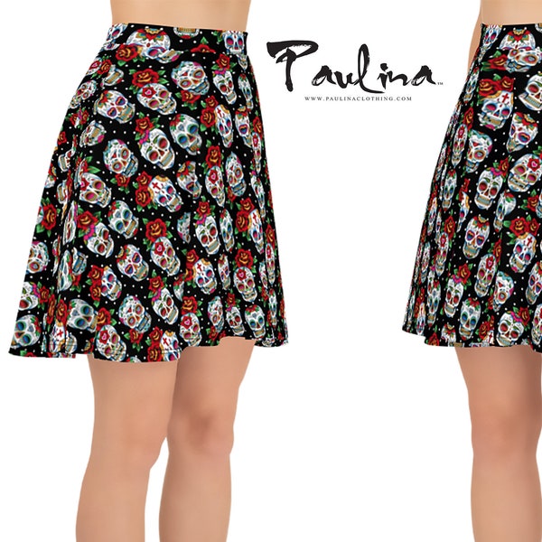 Sugar Skull Calavera Circle Skirt with Elastic Waist Band S-3X Stretch Fabric