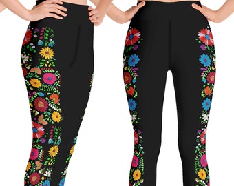 Plus Taille Maya Broderie Mexicaine Imprimé Textile Yoga Hi Leggings à la taille par Paulina