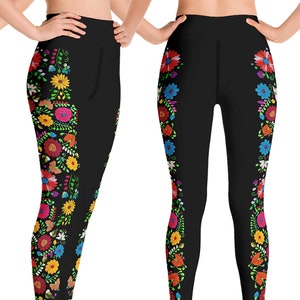 Plus Size Maya Mexican Embroidery Printed Textile Yoga Hi Waisted Leggings by Paulina