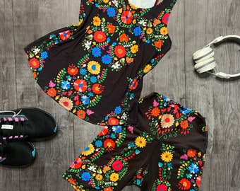 Maya Floral 2 Piece Set Combo Bike Shorts and Tank or Dolman soft stretchy fabric by Paulina