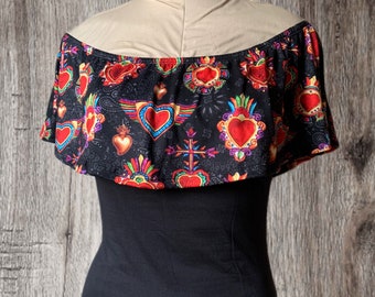 Off shoulder ruffle Mexican top made of stretch fabric by Paulina