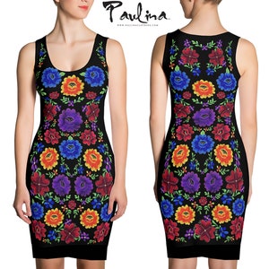 Aurora Bodycon Mexican Embroidered Print Dress by Paulina