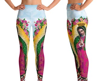 Mary with Roses Printed Art Textile Stretch Leggings by Paulina