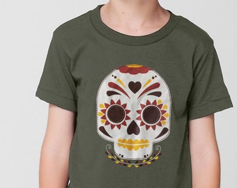 Little Calaverita Boys Sugar Skull Day of the Dead Military Green Tee