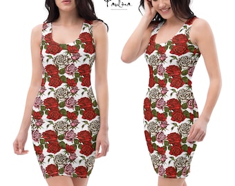 Bodycon Red Roses Print White Dress by Paulina