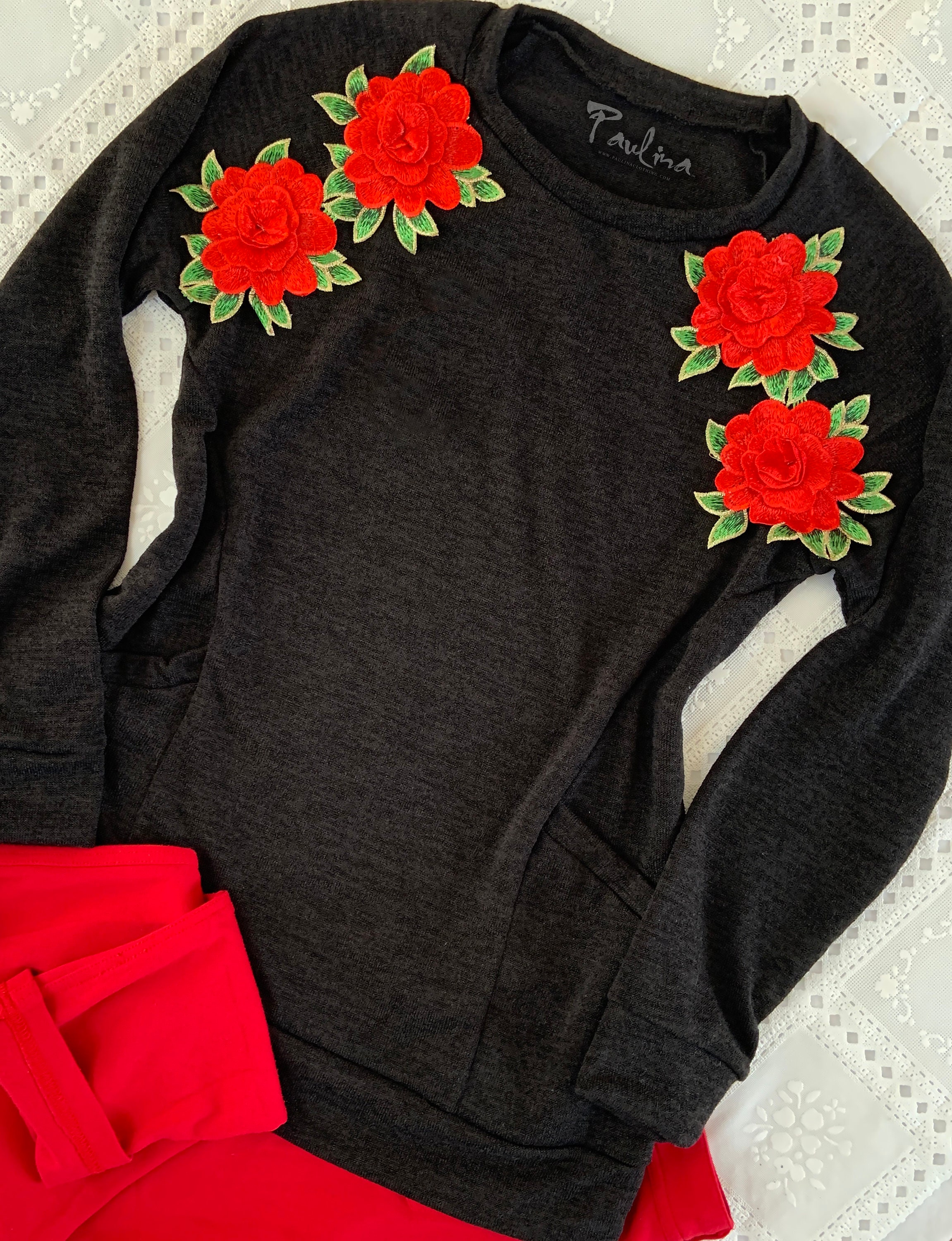 Red Roses Embroidery Sweater with Pockets Black Long Sleeve by Paulina